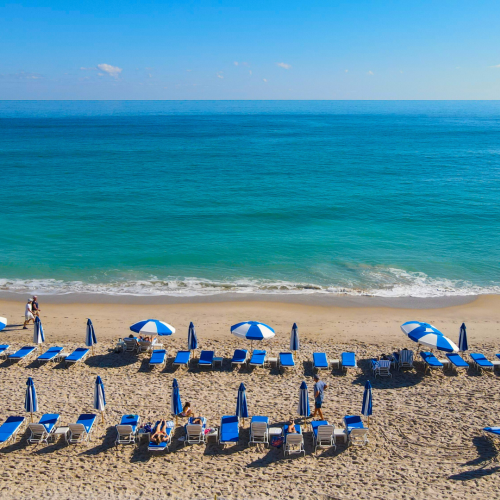 A beach scene with blue and white umbrellas and lounge chairs arranged in rows, set against a backdrop of calm, turquoise water and clear sky.