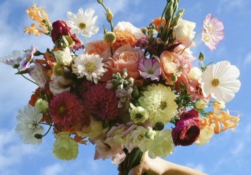 A hand holds a colorful bouquet of mixed flowers against a blue sky, bright and cheerful, framed by fluffy clouds.