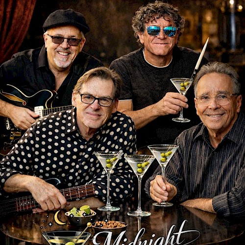 A band called Midnight Martini's performs smooth jazz and light rock at Vero Beach, FL, with four men enjoying drinks, music, and camaraderie.