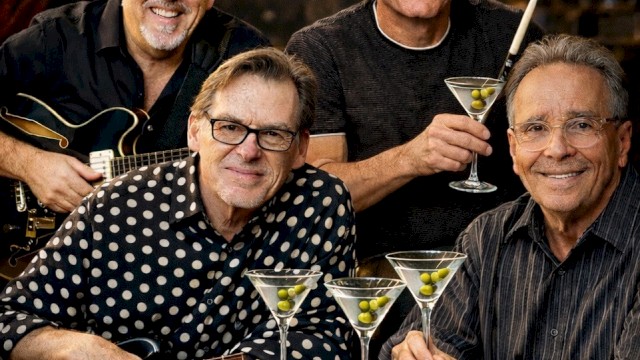 A band called Midnight Martini's performs smooth jazz and light rock at Vero Beach, FL, with four men enjoying drinks, music, and camaraderie.