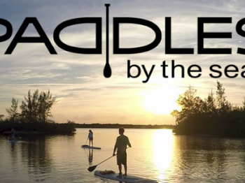 The image shows people paddleboarding on a calm body of water during sunset, with the text 
