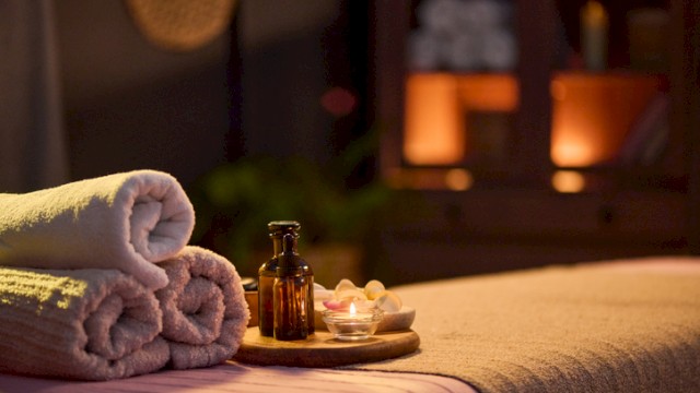 A neatly made massage table with soft towels, candles, and bottles, set in a cozy, dimly lit spa or massage room for relaxation.
