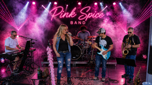 A band named Pink Spice performs on stage with pink lighting, smoke effects, and a neon sign, in a lively musical concert setting.