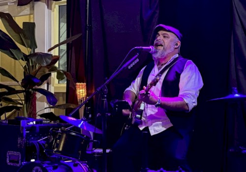 A musician with a beard, wearing a cap and vest, performs passionately singing and playing guitar on stage with drums and plants nearby.
