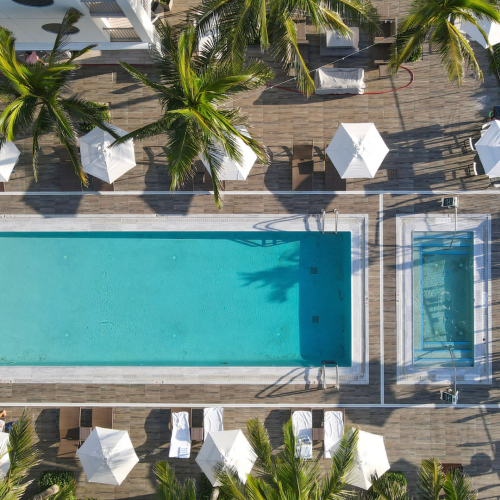 The image shows an aerial view of a swimming pool area with lounge chairs, umbrellas, and palm trees surrounding the pool on a wooden deck.