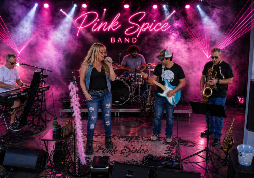 A band named Pink Spice performs on stage with pink lighting, smoke effects, and a neon sign, in a lively musical concert setting.