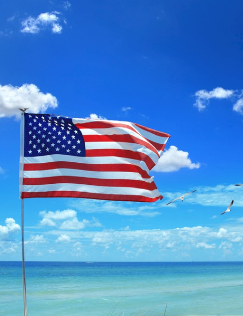 An American flag is flying on a beach with a blue sky, white clouds, seagulls, and ocean waves in the background.