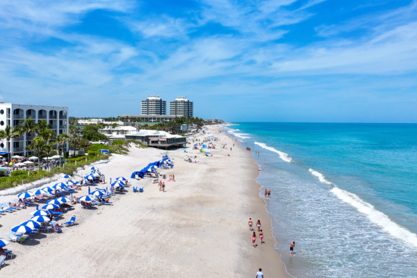 A beautiful aerial view down the beach at Costa d'Este