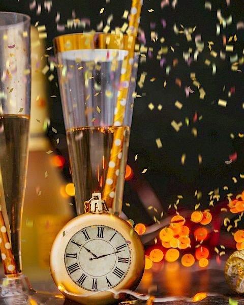 The image shows two champagne flutes with confetti, a pocket watch, and a champagne bottle, creating a celebratory atmosphere.