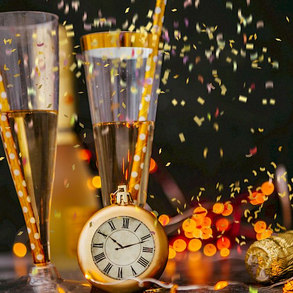 The image shows two champagne flutes with confetti, a pocket watch, and a champagne bottle, creating a celebratory atmosphere.