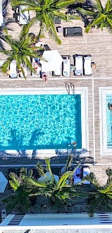 An overhead view of a poolside area with people swimming, lounge chairs, umbrellas, palm trees, and a hot tub next to the main pool.