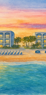 A watercolor depicts a beachfront scene with two modern buildings, palm trees, and a lone person walking on the beach at sunset.
