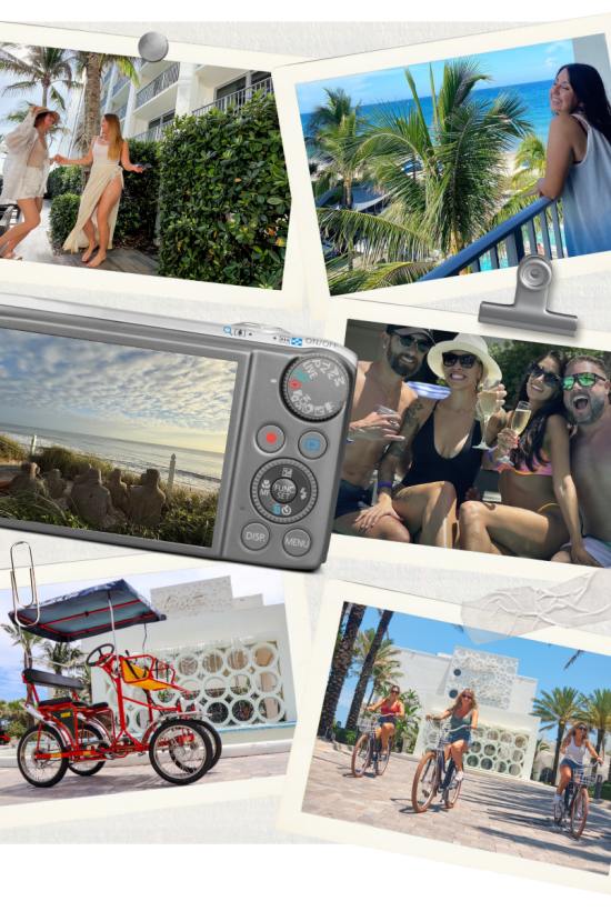 A collage of vacation photos featuring women at the beach, enjoying sunny weather, cycling, and relaxing with friends.