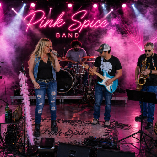 A band named Pink Spice performs on stage with pink lighting, smoke effects, and a neon sign, in a lively musical concert setting.
