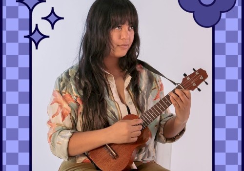 A person playing a ukulele is in a checkered frame with decorative elements and text reading 