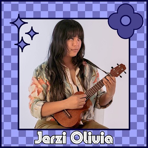 A person playing a ukulele is in a checkered frame with decorative elements and text reading 