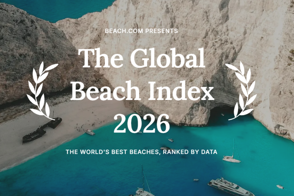 The image shows an aerial view of a beautiful beach cove with boats anchored, surrounded by towering cliffs, featured in the 2026 Global Beach Index report.