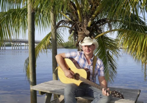 A man in a plaid shirt and cowboy hat plays guitar near a lake under a palm tree.