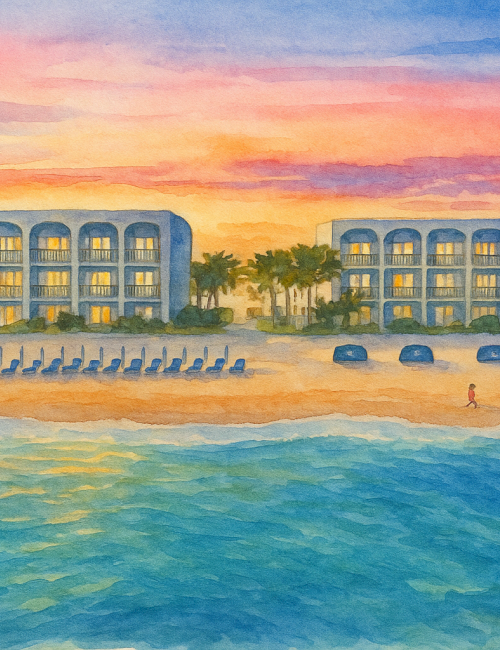 A watercolor depicts a beach scene at sunset with buildings, palm trees, beach chairs, and a lone person strolling along the shore.