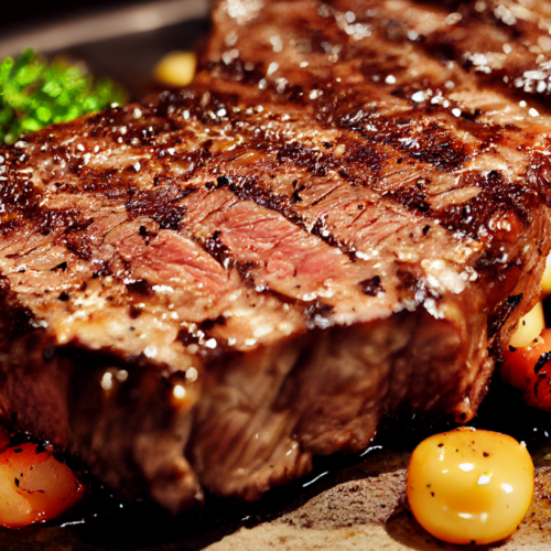 The image shows a grilled steak, cooked medium-rare, garnished with herbs and accompanied by small roasted vegetables on a plate.