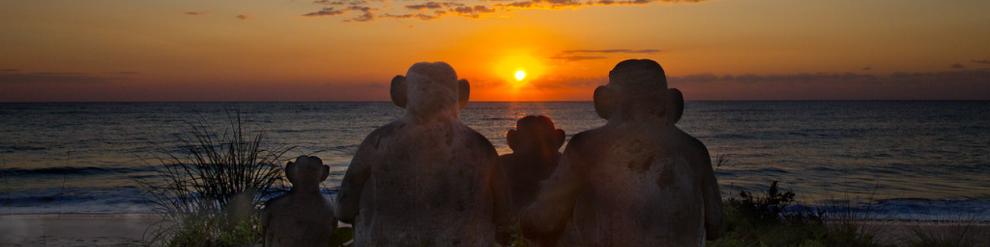 A sunrise scene over the ocean with statues of monkeys sitting on the shore, facing the horizon.