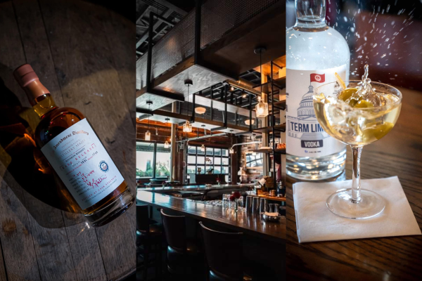 A bottle of wine on a wooden surface, a modern bar interior, and a vodka bottle with a cocktail glass splashing on a napkin.