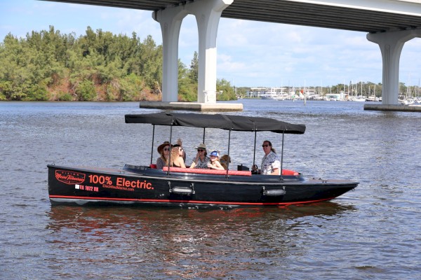 A group of people is on a small electric boat with a canopy, cruising on a river under a bridge, with trees and a marina in the background.