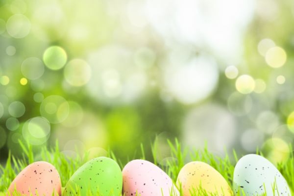 Colorful speckled eggs sit on grass with a soft, bokeh background of green and yellow hues.