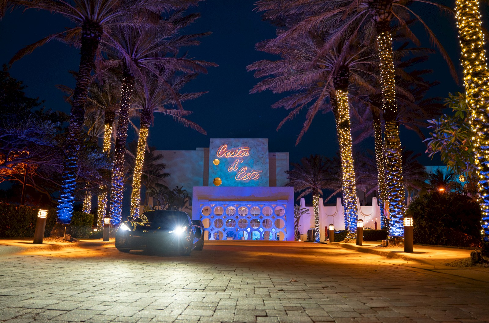 A car is parked near a palm‑tree lined entrance to a glowing, lit building at night.