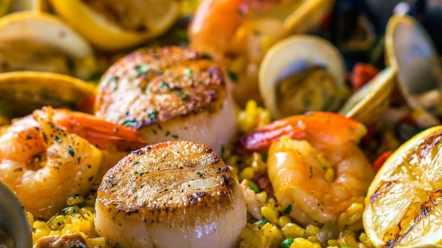 A seafood paella with scallops, shrimp, mussels, clams, and lemons on a bed of saffron rice, garnished with parsley.