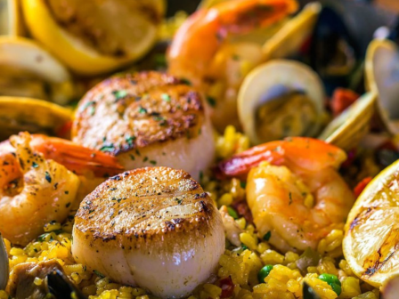 A seafood paella with seared scallops, shrimp, mussels, clams, and lemon slices on a bed of saffron-infused rice.