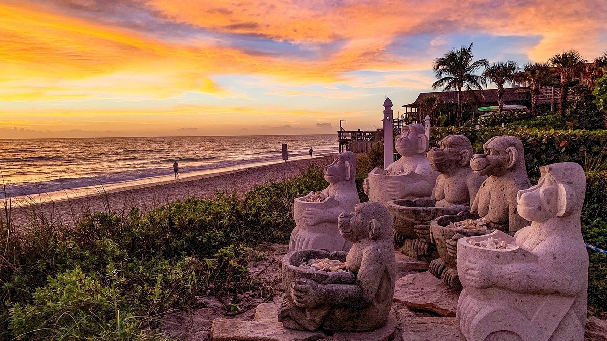 A row of monkey statues sits on a beach with a vibrant sunset sky and the ocean in the background.