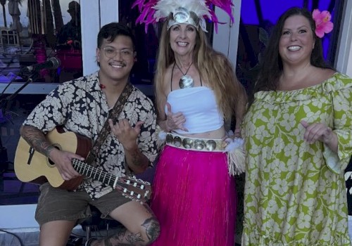 Josiah Nalzaro guitar player with 2 hawaiian dancers