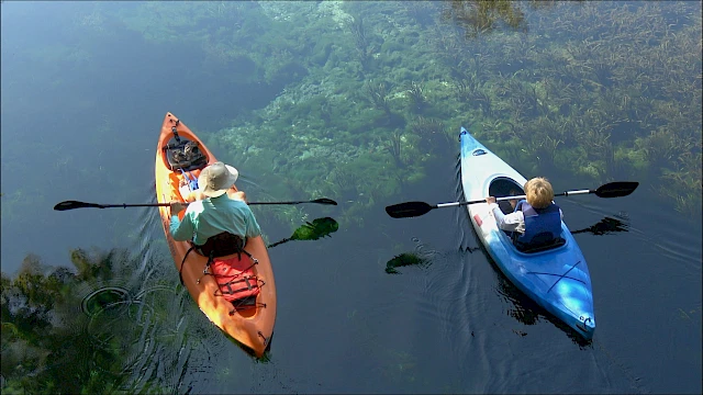 Two people are kayaking on clear water, each in a different colored kayak.