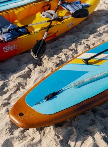 Two colorful kayaks and a paddleboard are on sandy beach, with paddles and life vests visible, under clear sunlight.